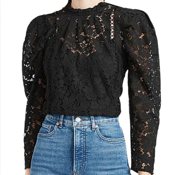 NWT Express Black Lace Mock Neck Puff Sleeve Top Sheer Lined Blouse Womens
